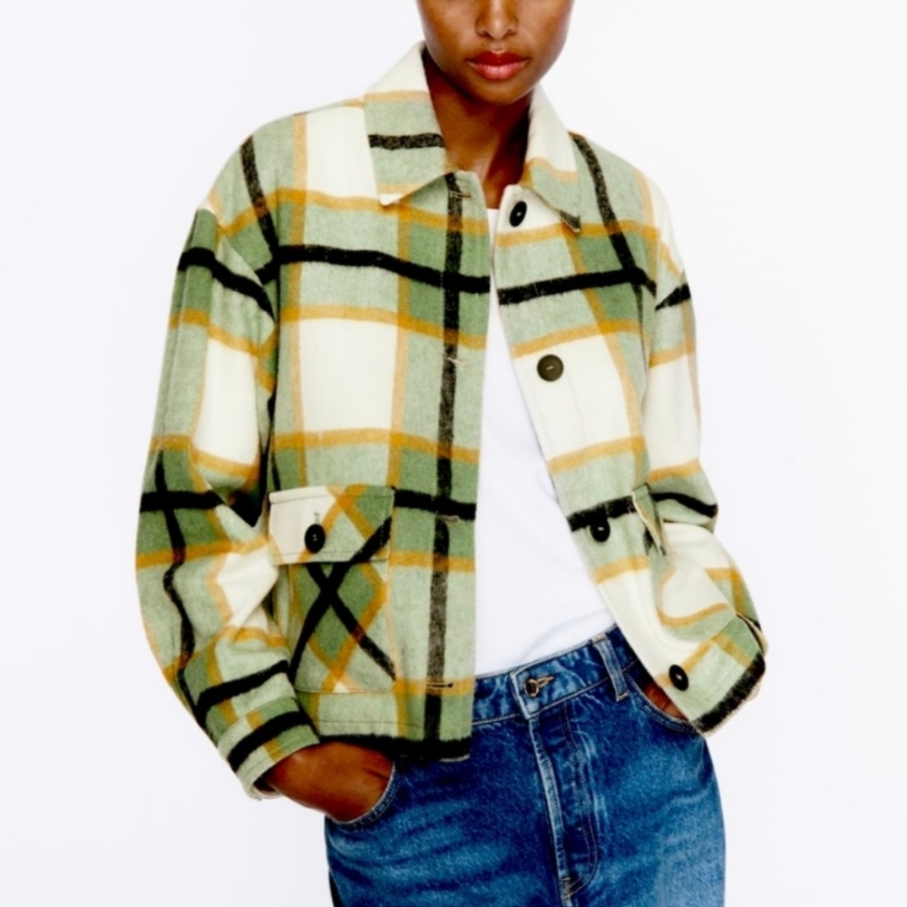 ZARA, Women's Patch Green, Fall, Winter, Casual, Oversize Pocket Plaid Jacket XS